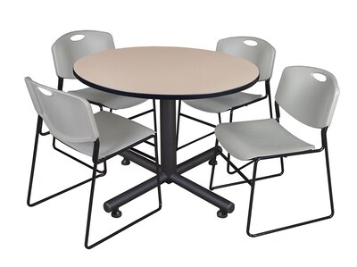 Regency Kobe Breakroom Table, 48W, Beige & 4 Zeng Stack Chairs, Gray (TKB48RNDBE44GY)