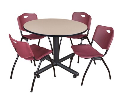 Regency Kobe Breakroom Table, 48"W, Beige & 4 'M' Stack Chairs, Burgundy (TKB48RNDBE47BY)