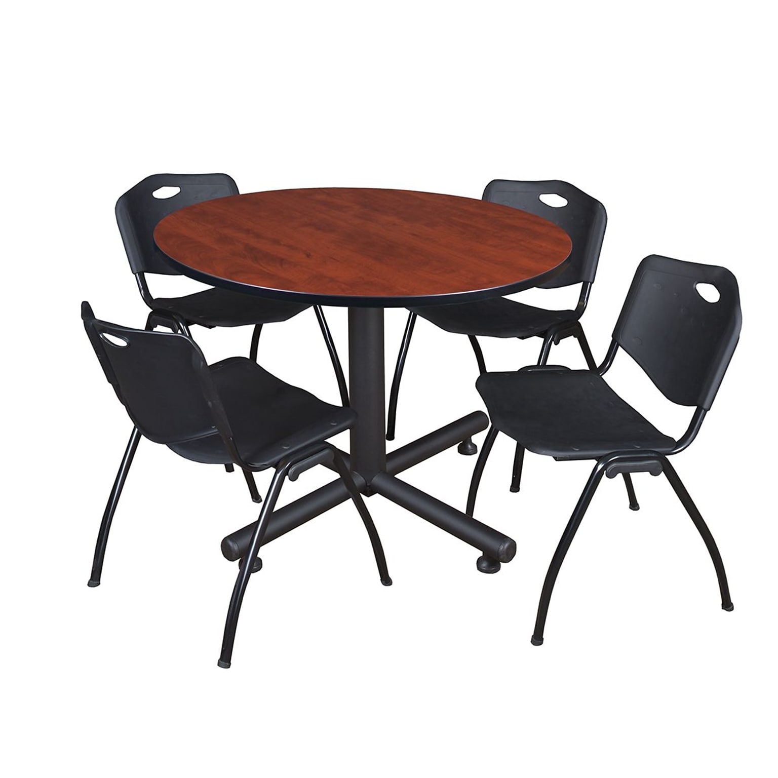 Regency 48 Cherry and Kobe Based Round Table with 4 M Stacker Chairs, Black (TKB48RNDCH47BK)