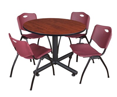 Regency 48 Round Table with 4 M Stacker Chairs, Burgundy with Cherry and Kobe Base (TKB48RNDCH47BY)