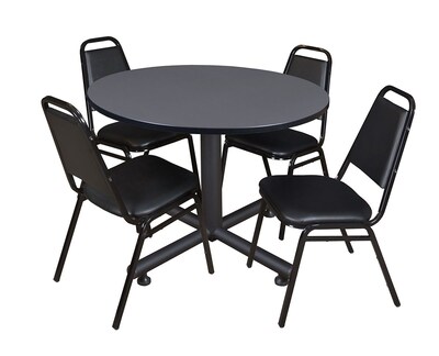 Regency Kobe Breakroom Table, 48W, Gray & 4 Restaurant Stack Chairs, Black (TKB48RNDGY29BK)