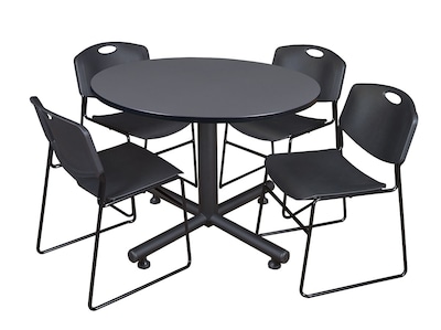 Regency Kobe Breakroom Table, 48W, Gray & 4 Zeng Stack Chairs, Black (TKB48RNDGY44BK)