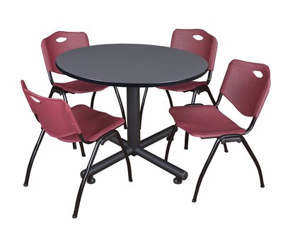 Regency Kobe 48 Round Break Room Table, Gray and 4 M Stack Chairs, Burgundy (TKB48RNDGY47BY)
