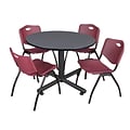 Regency Kobe 48 Round Break Room Table, Gray and 4 M Stack Chairs, Burgundy (TKB48RNDGY47BY)