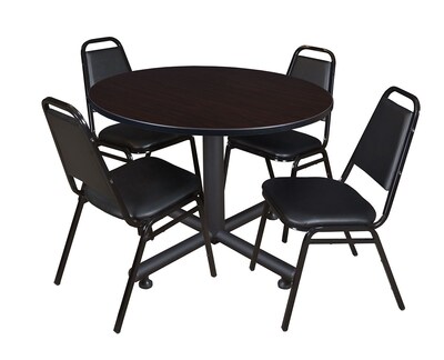 Regency 48in Laminate Round Table with 4 Restaurant Stack Chairs, Mocha/Walnut (TKB48RNDMW29)