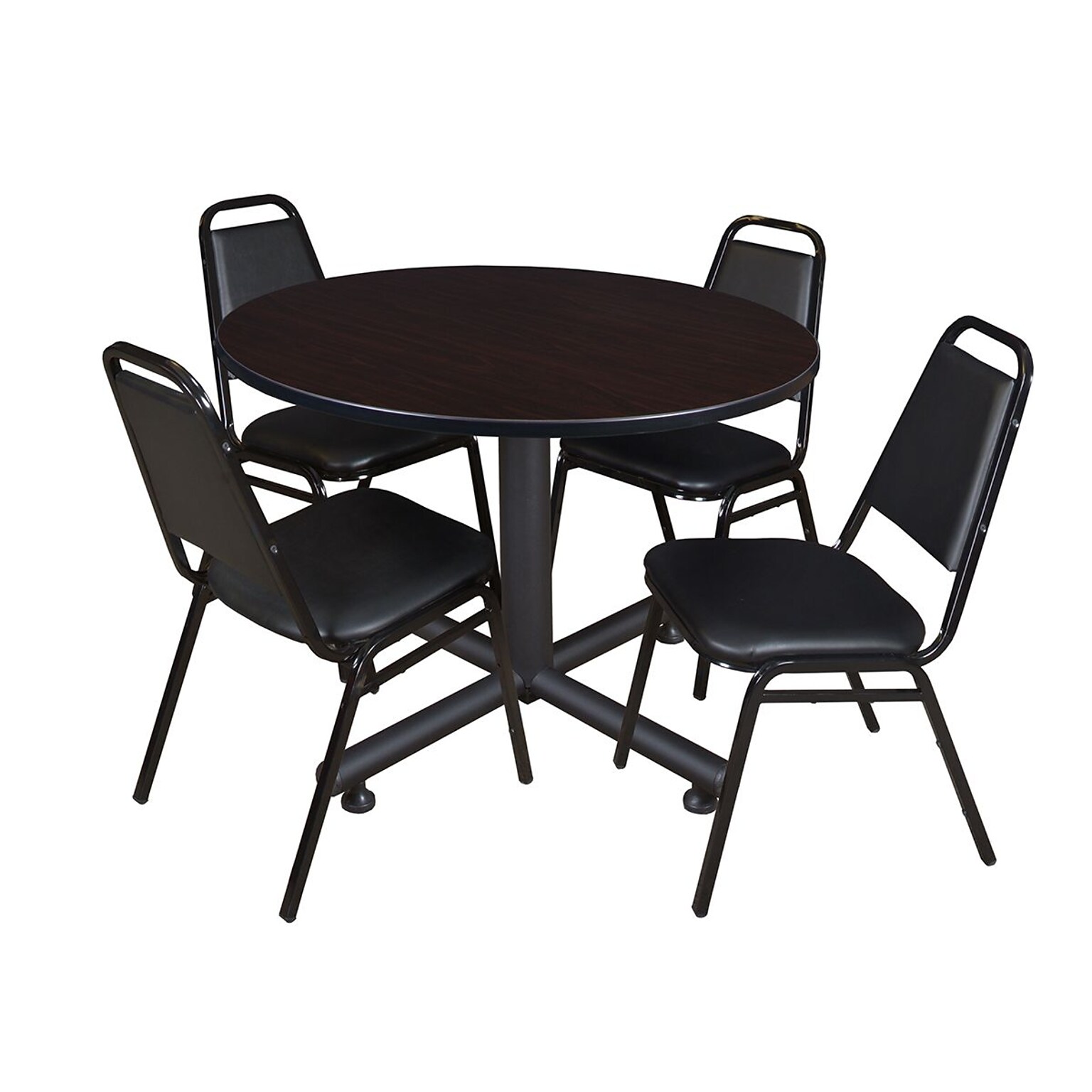 Regency 48in Laminate Round Table with 4 Restaurant Stack Chairs, Mocha/Walnut (TKB48RNDMW29)