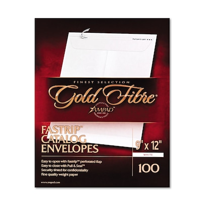 Ampad Gold Fibre Fastrip Release & Seal White Catalog Envelope, White, 9 x 12, 100/Box (73127)