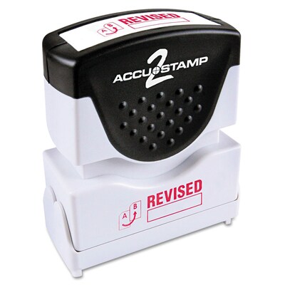 Accu-Stamp2 One-Color Pre-Inked Shutter Message Stamp, REVISED, 1/2" x 1-5/8" Impression, Red Ink (035587)