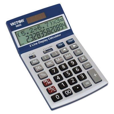 Victor 9800 Easy Check Two-Line Calculator, 2 Lines, 12 Characters, LCD, Solar, Battery Powered, 7.3"x4.3"x1.3", Blue, White