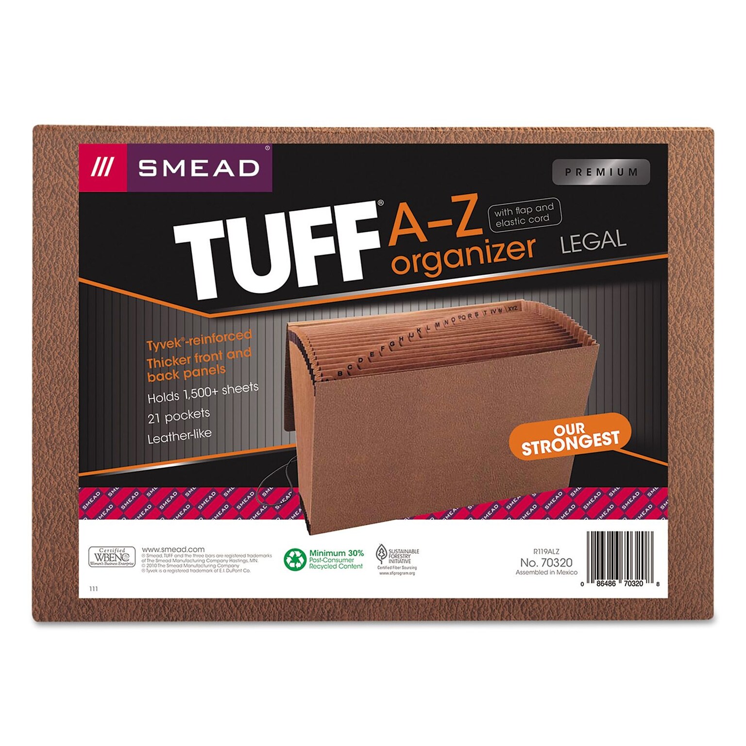 Smead TUFF Expanding File, Alphabetic (A-Z), 21 Pockets, Flap and Elastic Cord Closure, Legal Size, Redrope Stock (70320)