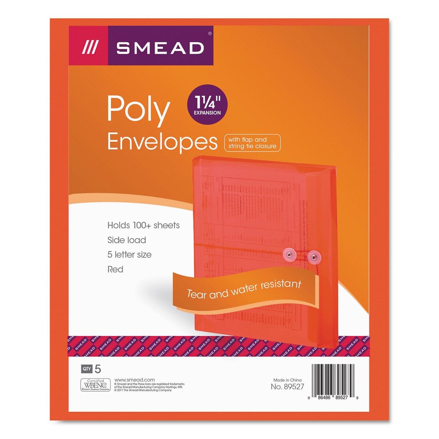 Smead Plastic File Pocket, 1 1/4 Expansion, Letter Size, Red, 5/Pack (89527)
