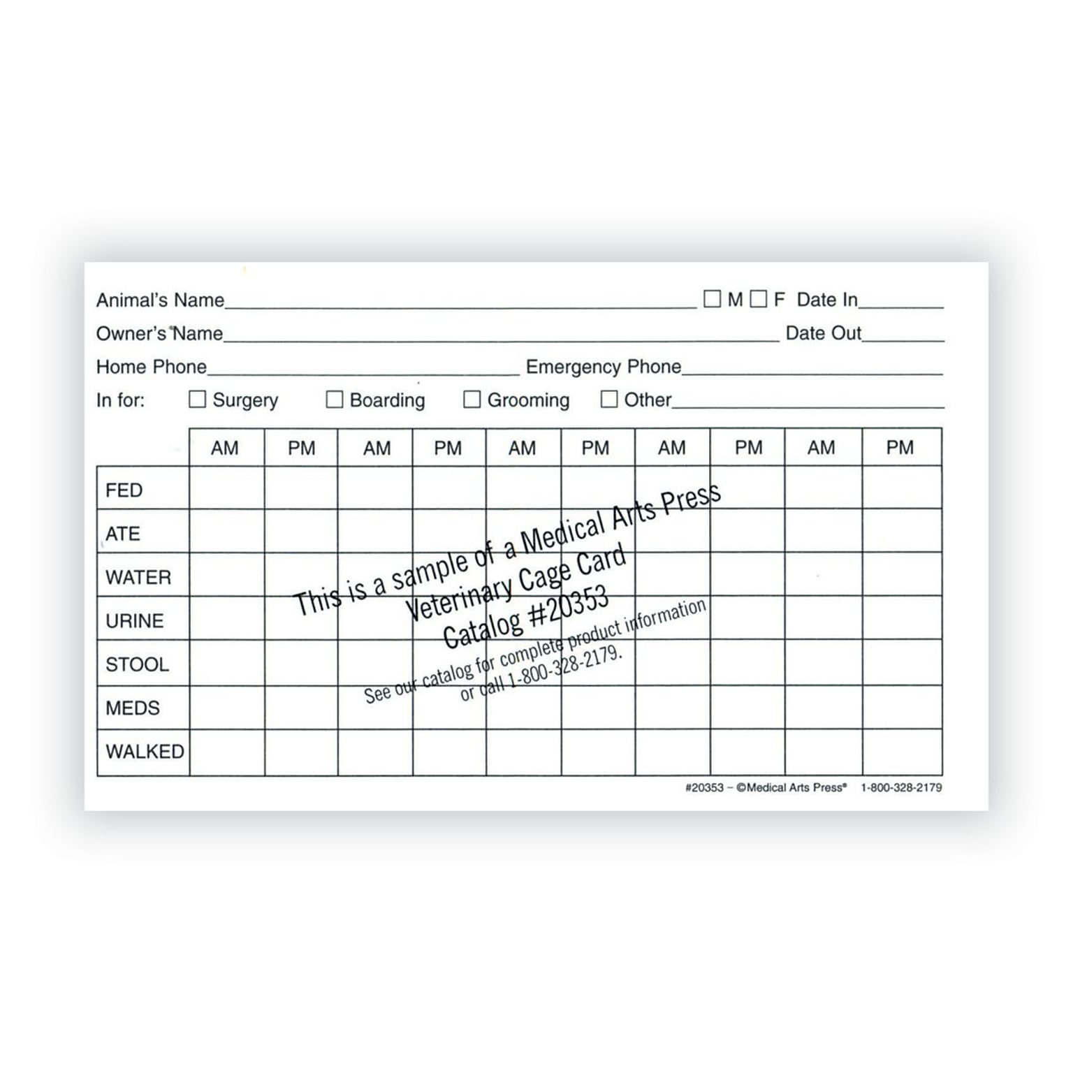 Medical Arts Press® Vet Cage Card, Provides a Record of Twice Daily Care, 3x5