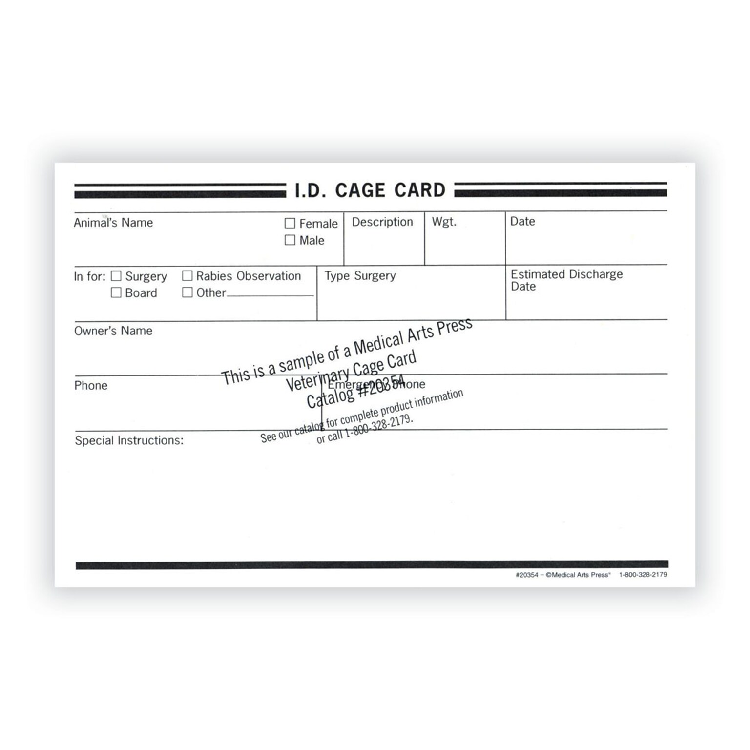 Medical Arts Press Vet Cage Card, Track Post-surgical Care or Boarding, 250/Pack (20354)