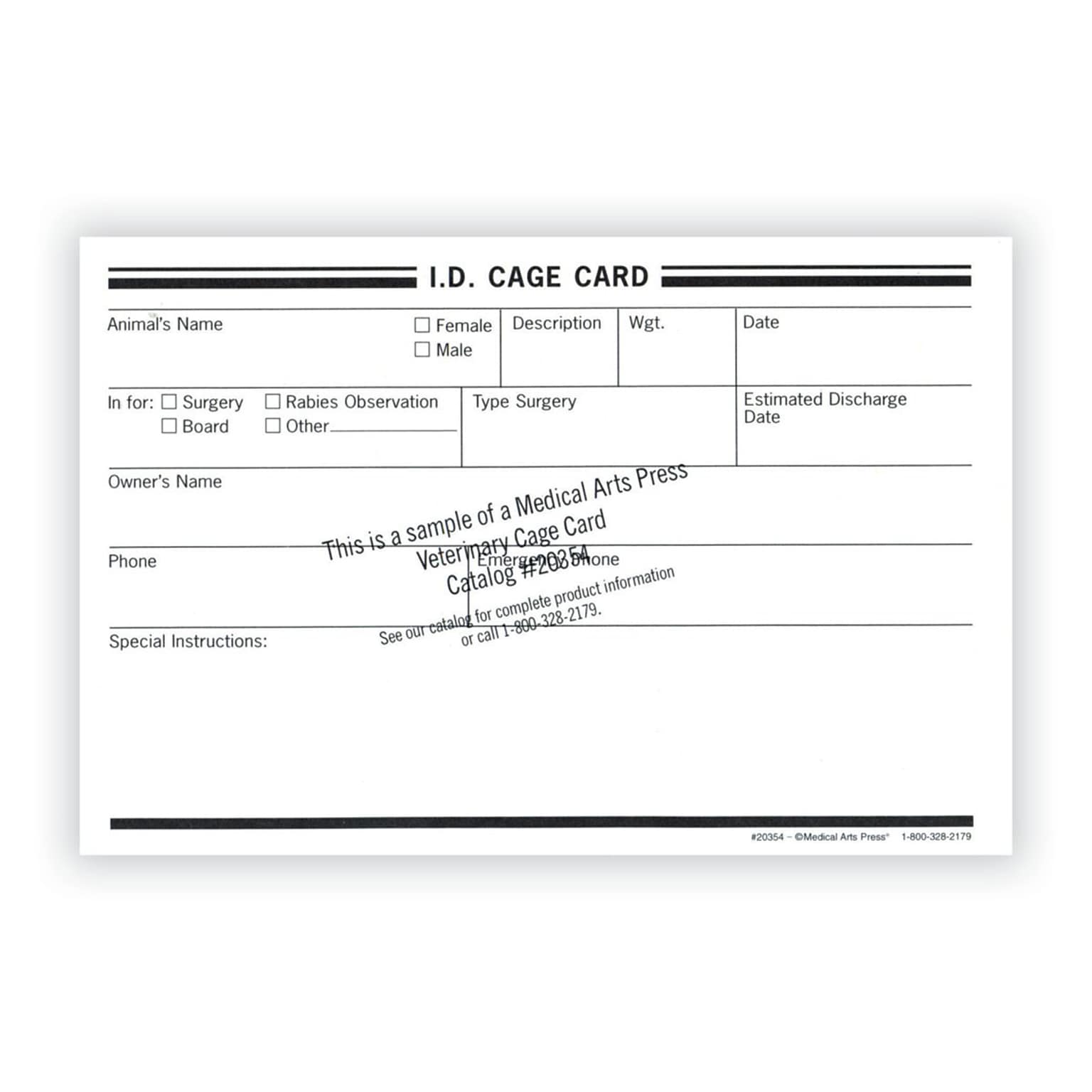 Medical Arts Press® Vet Cage Card, Track Post-surgical Care or Boarding, 4x6