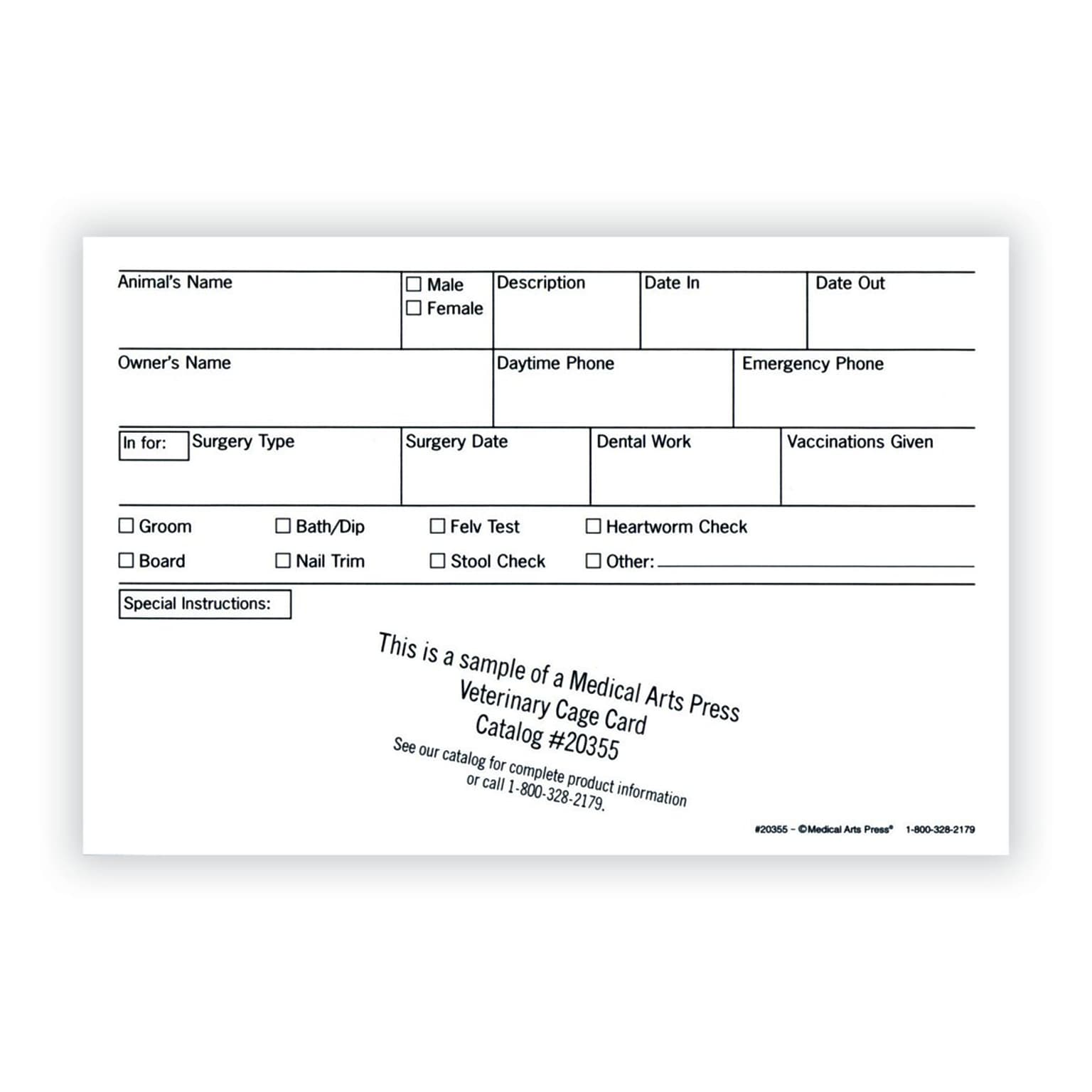 Medical Arts Press® Vet Cage Card, Check Off Boxes for a Variety of Services, 4x6
