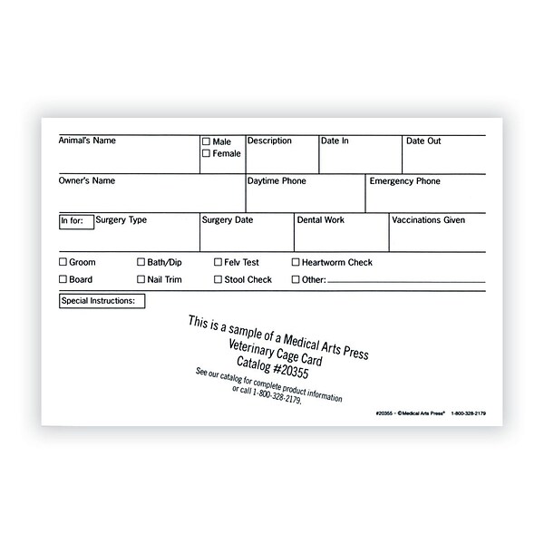 Medical Arts Press® Vet Cage Card, Check Off Boxes for a Variety of Services, 4x6