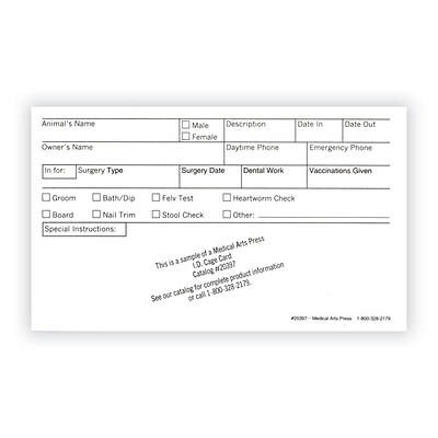 Medical Arts Press® Vet Cage Card, Check Off Boxes for a Variety of Services, 3x5