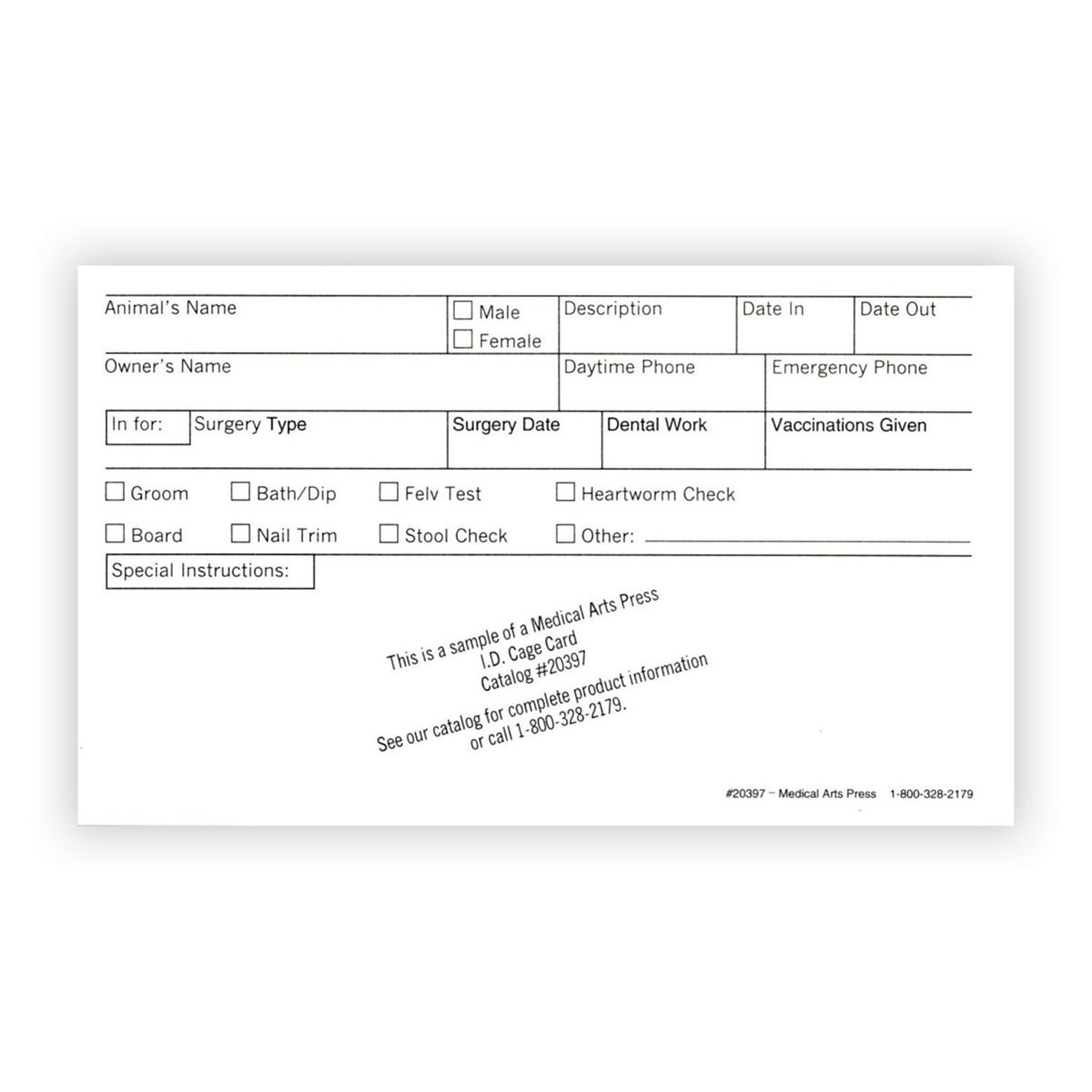 Medical Arts Press Vet Cage Card, Check Off Boxes for a Variety of Services, 3 x 5, 250/Pack (20397)