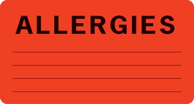 Allergy Warning Medical Labels, Allergies, Fluorescent Red, 1-3/4x3-1/4, 500