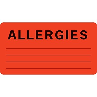 Allergy Warning Medical Labels, Allergies, Fluorescent Red, 1-3/4x3-1/4, 500