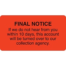 Medical Arts Press® Collection & Notice Collection Labels, Final Notice-10 days, Fl Red, 1-3/4x3-1/4
