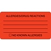 Allergy Warning Medical Labels, Allergies/Drug Reactions, Fluorescent Red, 1-3/4x3-1/4, 500 Labels