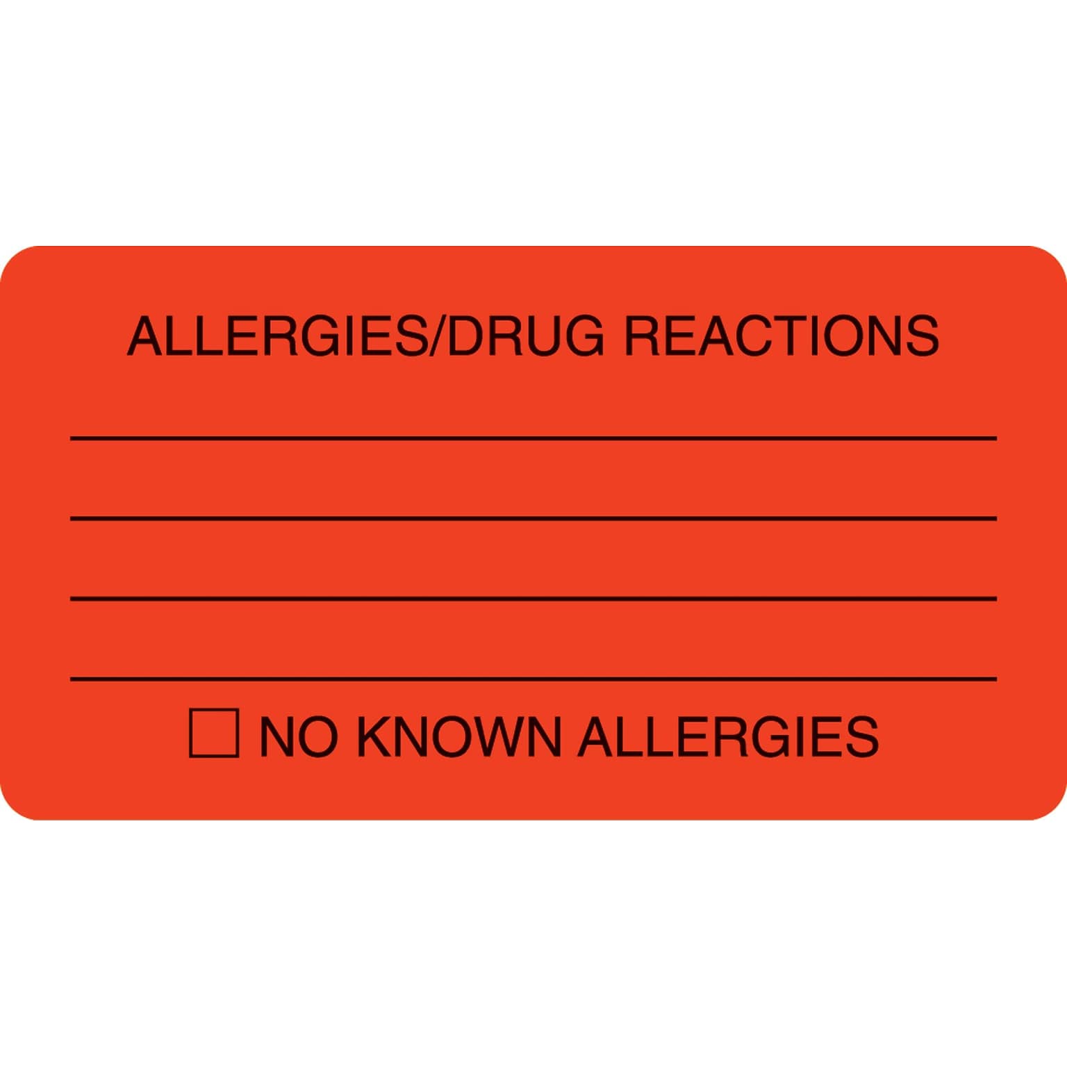 Allergy Warning Medical Labels, Allergies/Drug Reactions, Fluorescent Red, 1-3/4x3-1/4, 500 Labels