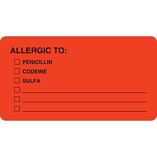 Medical Arts Press® Allergy Warning Medical Labels, Allergic To:, Fluorescent Red, 3-1/4x1-3/4, 500