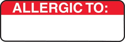 Allergy Warning Medical Labels, Allergic To:, Red and White, 1x3, 250 Labels