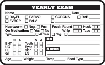 Veterinary Examination Medical Labels, Yearly Exam, White, 2.5 x 4 inch, 100/Pack