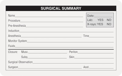 Veterinary Surgical Summary & Blood Analysis Labels, Surgical Summary, White, 2 1/2x4", 100 Labels