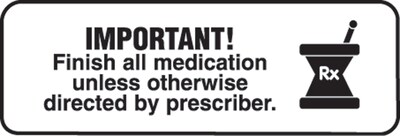 Medication Instruction Labels, Important! Finish All Medication, White, 1/2x1-1/2, 500 Labels