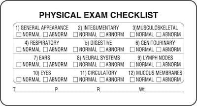 Veterinary Examination Labels, Physical Exam Checklist, White, 1.75 x 3.25 inch, 500 Labels