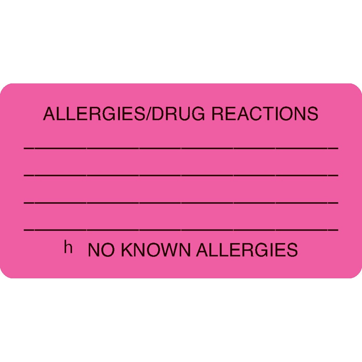 Allergy Warning Medical Labels, Allergies/Drug Reactions, Fluorescent Pink, 1-3/4x3-1/4, 500 Lbls