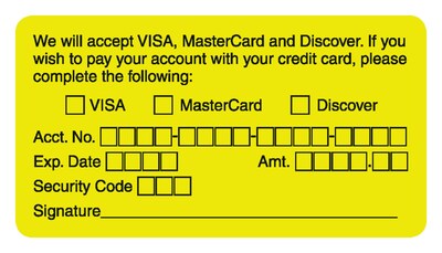 Reminder & Thank You Collection Labels, accept VISA/MC/Disc., Fl Chartreuse, 1-3/4x3-1/4, 500 Lbls