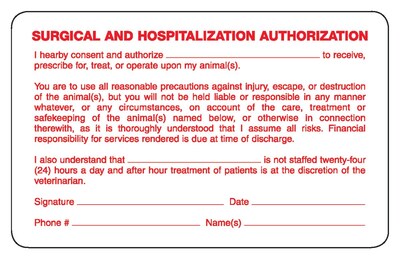 Veterinary Consent/Release Medical Labels, Surgical, White, 2.5 x 4 inch, 100 Labels