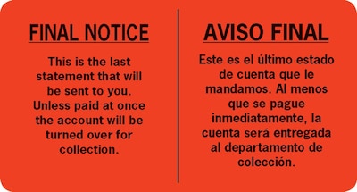 English/Spanish Collection Pre-Printed Labels, Final Notice, 1.75 x 3.25 inch, 500 Labels