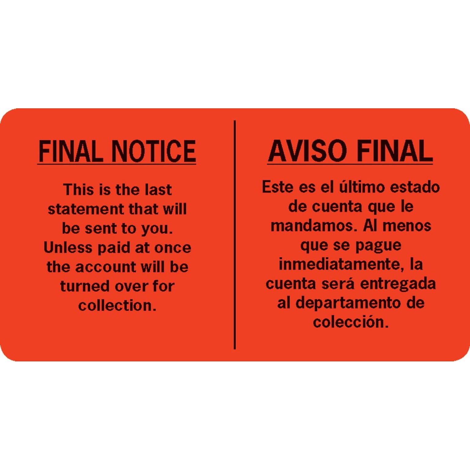 English/Spanish Collection Pre-Printed Labels, Final Notice, 1.75 x 3.25 inch, 500 Labels