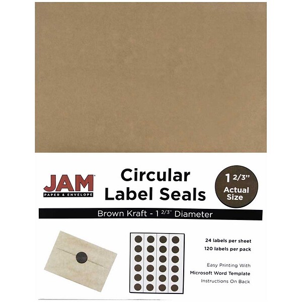 JAM Paper® Round Circle Label Sticker Seals, 1 2/3 inch diameter, Brown Kraft, 120/pack (3147612192)