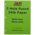 JAM Paper® 3 Hole Punch 24lb Colored Paper, 8.5 x 11, Ultra Lime Green, 100 Sheets/Pack (354428160)