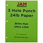 JAM Paper 8.5" x 11" 3 Hole Punch Multipurpose Paper, 24 lbs., Ultra Lime Green, 100 Sheets/Pack (354428160)