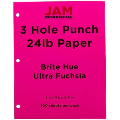 JAM Paper 3 Hole Punch 24lb Colored Paper, 8.5 x 11, Ultra Fuchsia Pink, 100 Sheets/Pack (354428163)