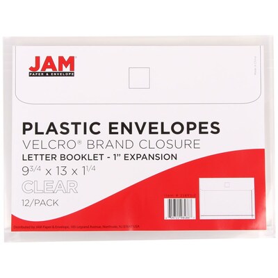 JAM Paper® Plastic Envelopes with Hook & Loop Closure, 9.75 x 13 with 1 Inch Expansion, Clear, 12/Pa