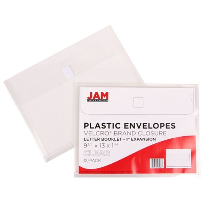 JAM Paper® Plastic Envelopes with Hook & Loop Closure, 9.75 x 13 with 1 Inch Expansion, Clear, 12/Pack (218V1CL)