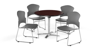 OFM 42 Round Laminate MultiPurpose FlipTop Table w/Four Chairs, Mahogany/Gray Chair (PKGBRK0320009)