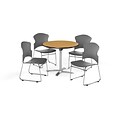 OFM 36 Round Laminate MultiPurpose FlipTop Table w/4 Chairs, Oak Table/Gray Chairs (PKGBRK0310013)
