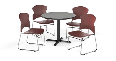 OFM 42 Round Laminate MultiPurpose X-Series Table w/4 Chairs, Gray Nebula/Wine Chairs (845123055144)