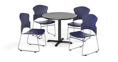 OFM 42 Round Laminate MultiPurpose X-Series Table w/Four Chairs, Gray Nebula/Navy Chair (845123055151)