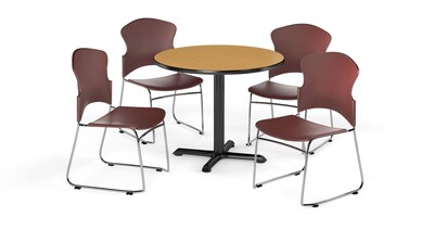 OFM 36 Round Laminate MultiPurpose XSeries Table w/4 Chairs, Oak Table/Wine Chairs (PKGBRK0330015)