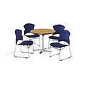 OFM 36 Round Laminate MultiPurpose FlipTop Table w/4 Chairs, Oak Table/Navy Chairs (PKGBRK0370015)